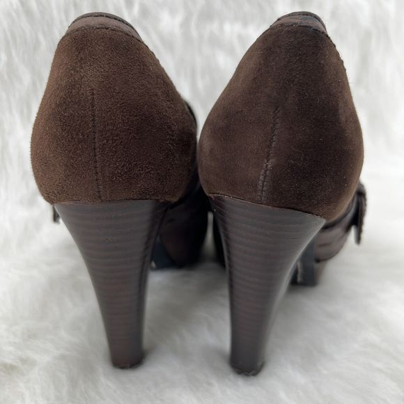 Kurt Geiger Sz 36 US 5.5 Brown Leather Suede Peep Toe 4.5” Stacked Heel Pump - Picture 6 of 16